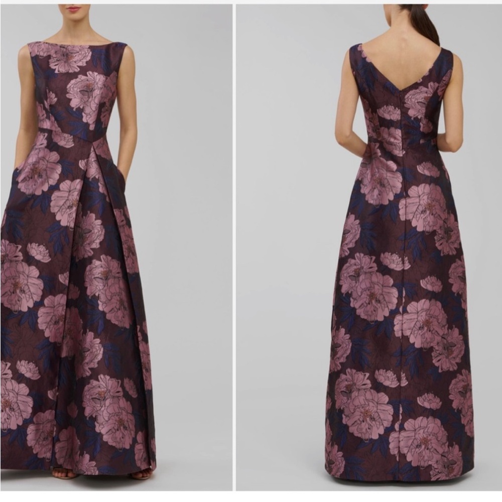NEW Kay Unger Caitlin Metallic Floral Jacquard Sleeveless Gown, SIZE 10